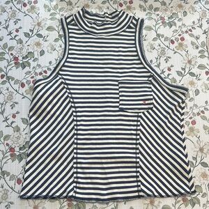 Pilcro Striped Sleeveless tank Top Navy and White mock neck cotton blend size XL